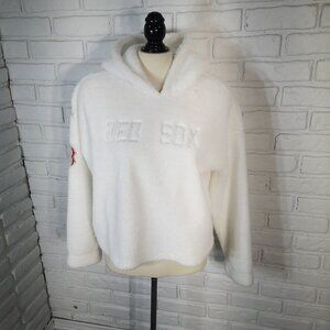 DKNY Sport Ladies Size Large Cropped White Faux Fur Red Sox Loose Fit Hoodie